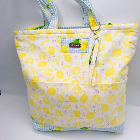 Basic Lizbet Library Market Tote Bag, Lemon Gingham 12 x 13.5 x 3" With Pockets - Picture 2 of 9